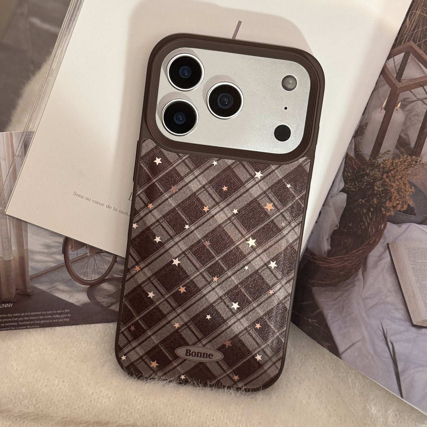 Warm brown rhombus star Apple 17 mobile phone case iPhone16promax leather 15 suitable for 13 retro 11 anti-drop