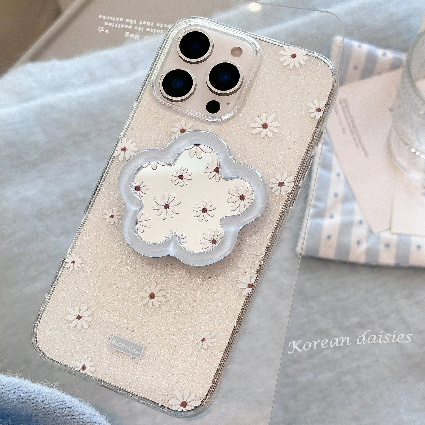 Flower mirror bracket Apple 16promax mobile phone case 17 for iphone15 glitter 13 small fresh blue