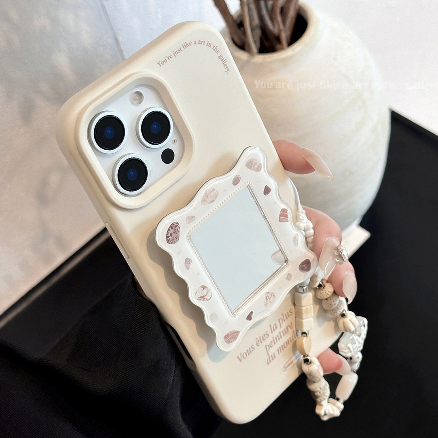 French applicable iphone16 iPhone 17 mobile phone case 15promax shell mirror bracket 13 premium 14 lanyard