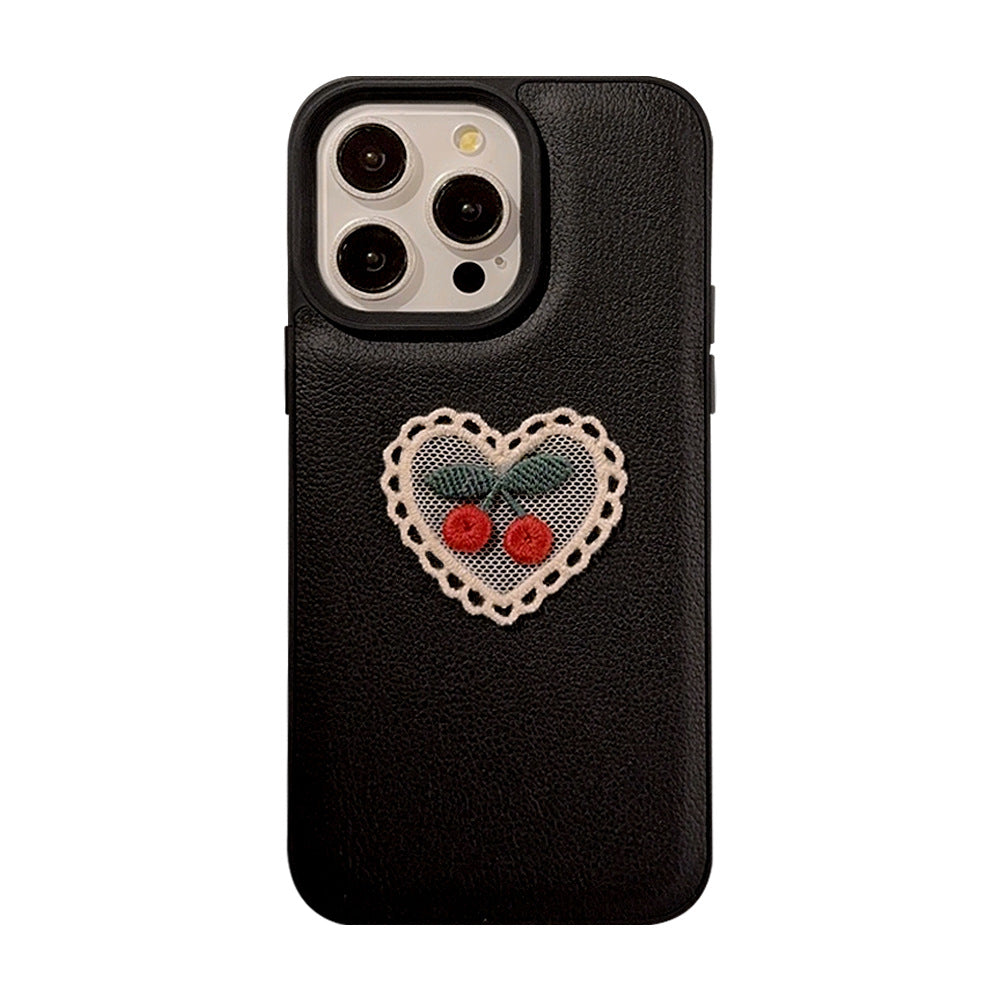 Embroidery love cherry for Apple 15 mobile phone case iPhone16promax leather 11 temperament 13 anti-drop 17
