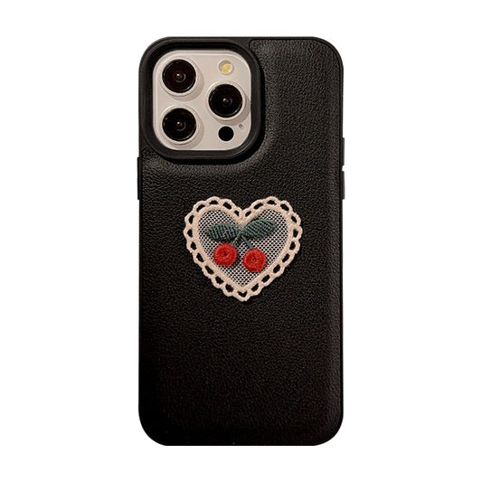 Embroidery love cherry for Apple 15 mobile phone case iPhone16promax leather 11 temperament 13 anti-drop 17