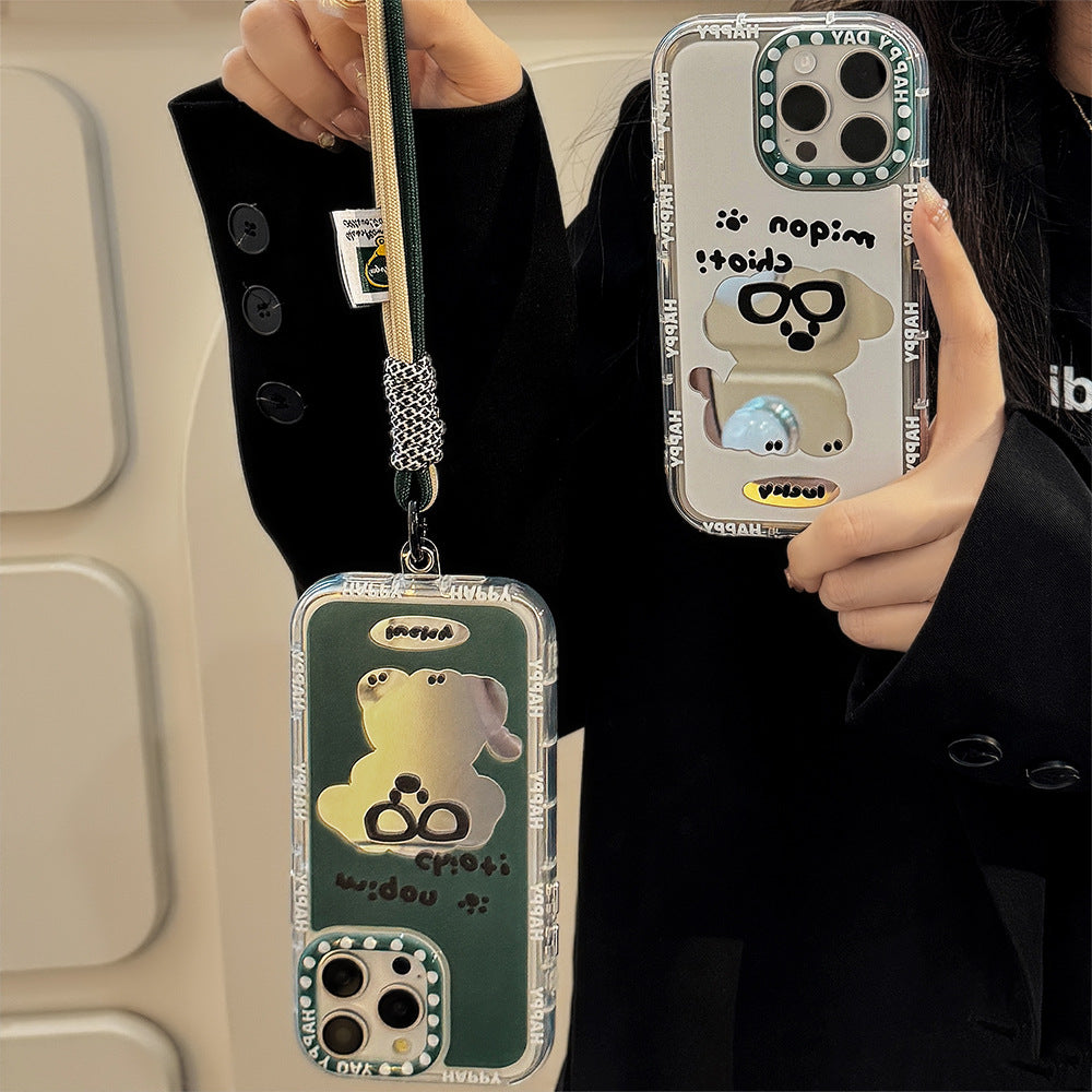 Couple tide Kugou dog mirror for iPhone16 Apple 15 mobile phone case 17ProMax hair 11 hand strap 12