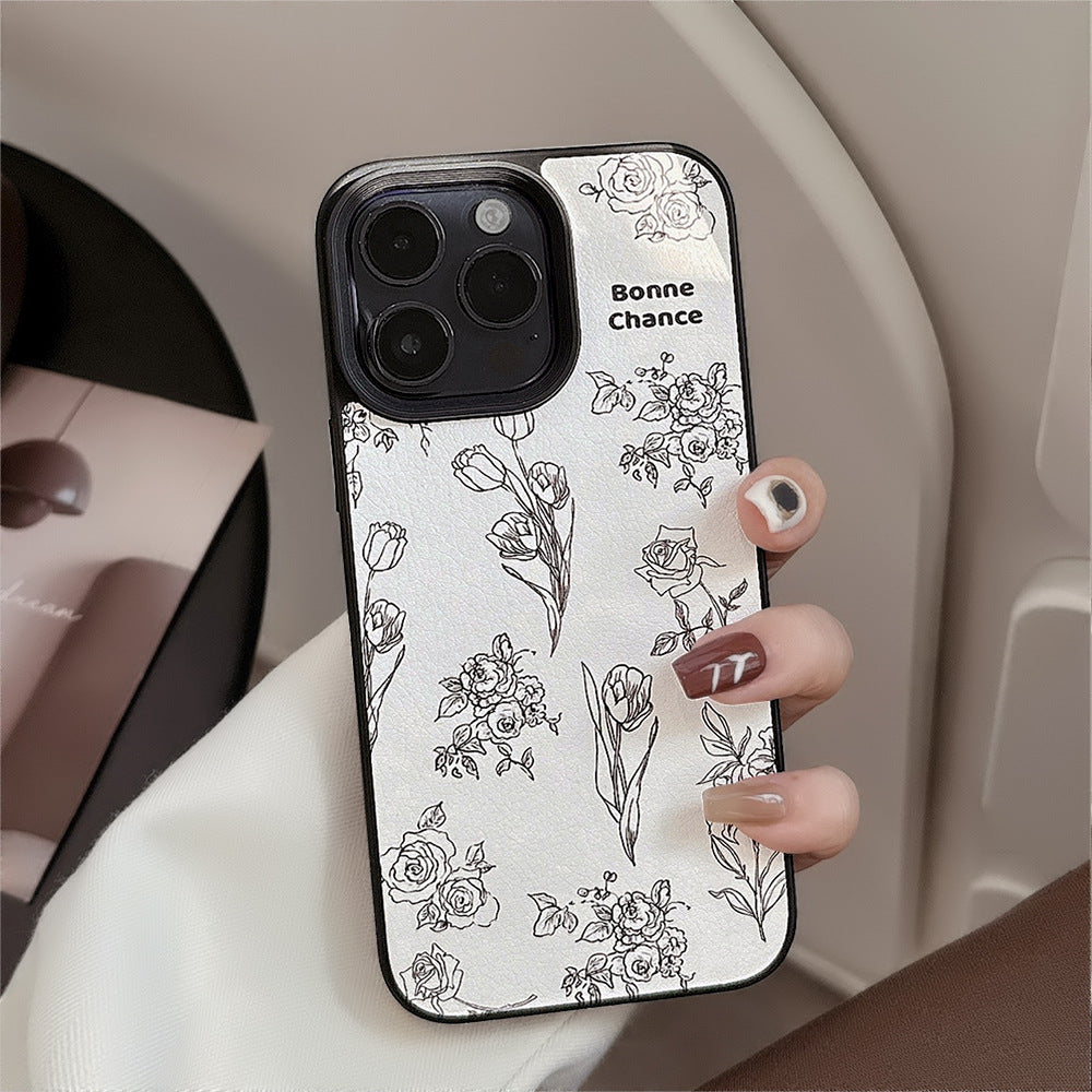 Lambskin Apple 15 mobile phone case 17promax Camellia Rose 11 for iPhone16 Art Premium 12