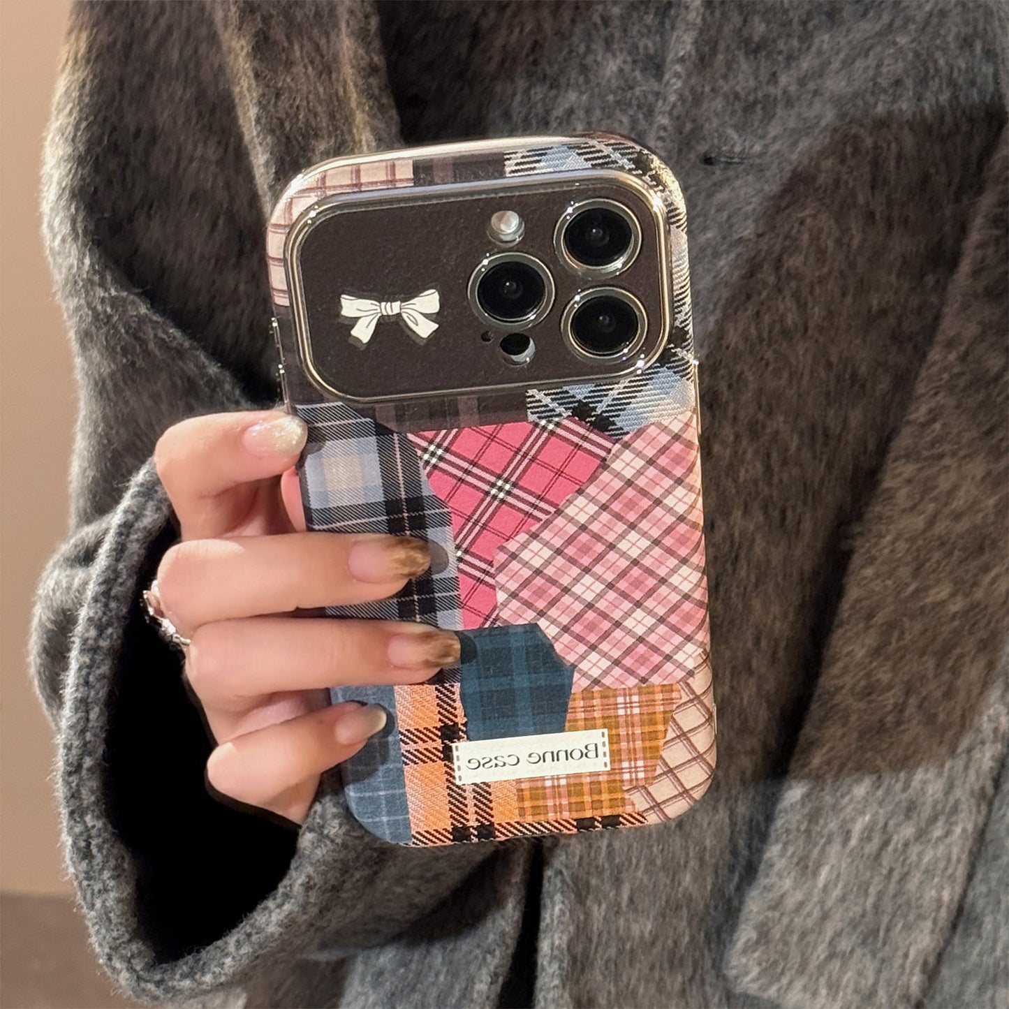 Retro plaid splicing cat 14 for 15promax mobile phone case Apple iphone16 three-dimensional 17 leather 13