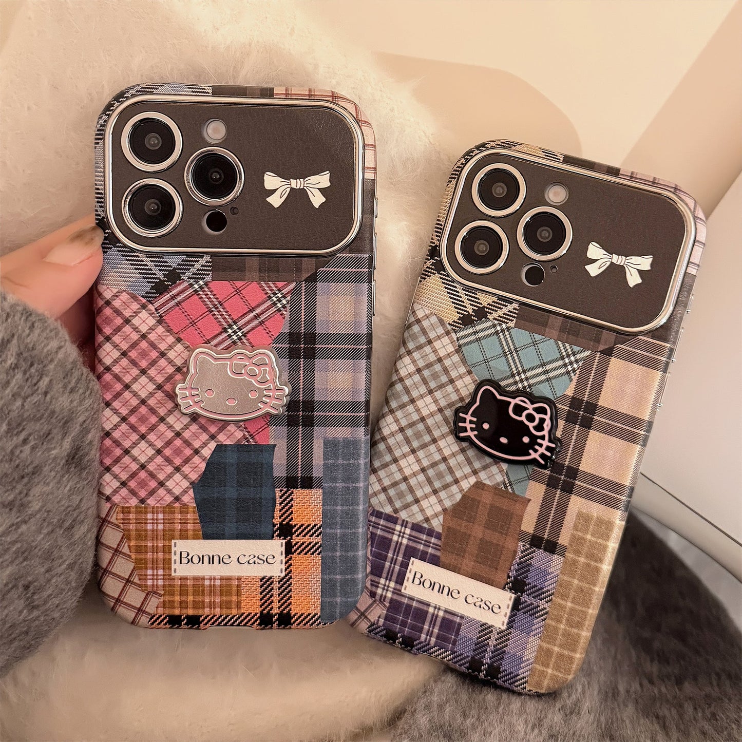 Retro plaid splicing cat 14 for 15promax mobile phone case Apple iphone16 three-dimensional 17 leather 13