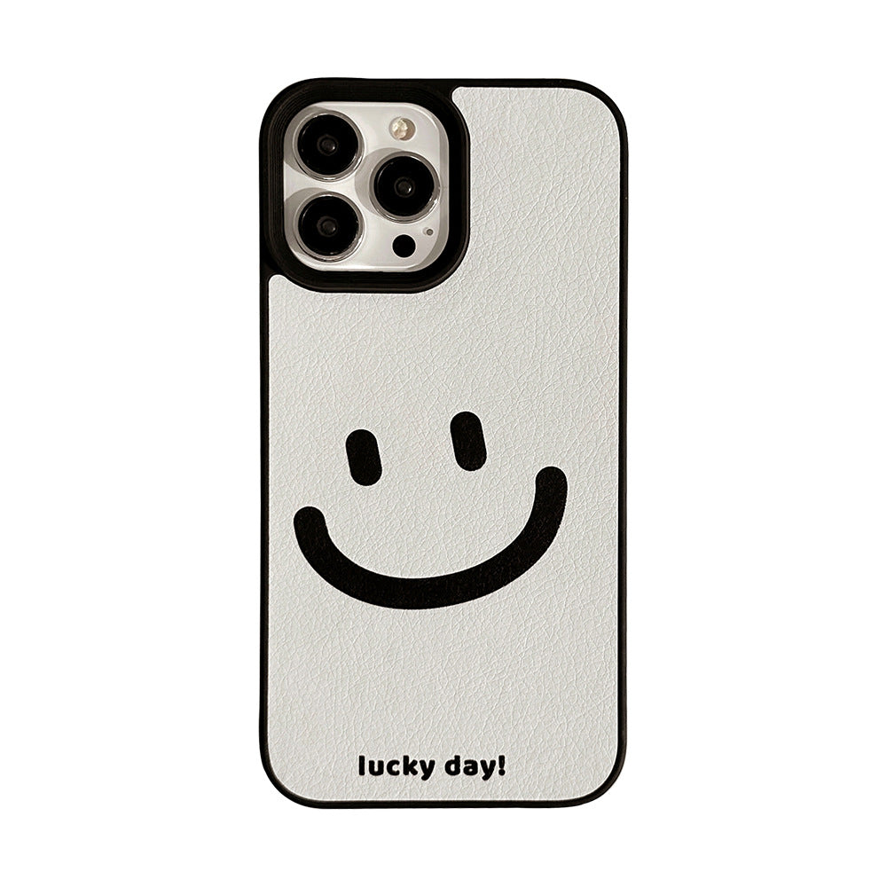 Minimal cure smiley face Apple phone case 17promax leather pattern 11 suitable for iPhone16 advanced sense 15 anti-drop