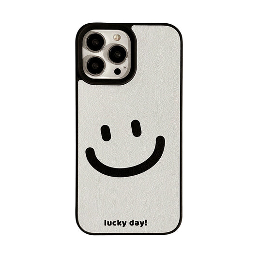 Minimal cure smiley face Apple phone case 17promax leather pattern 11 suitable for iPhone16 advanced sense 15 anti-drop