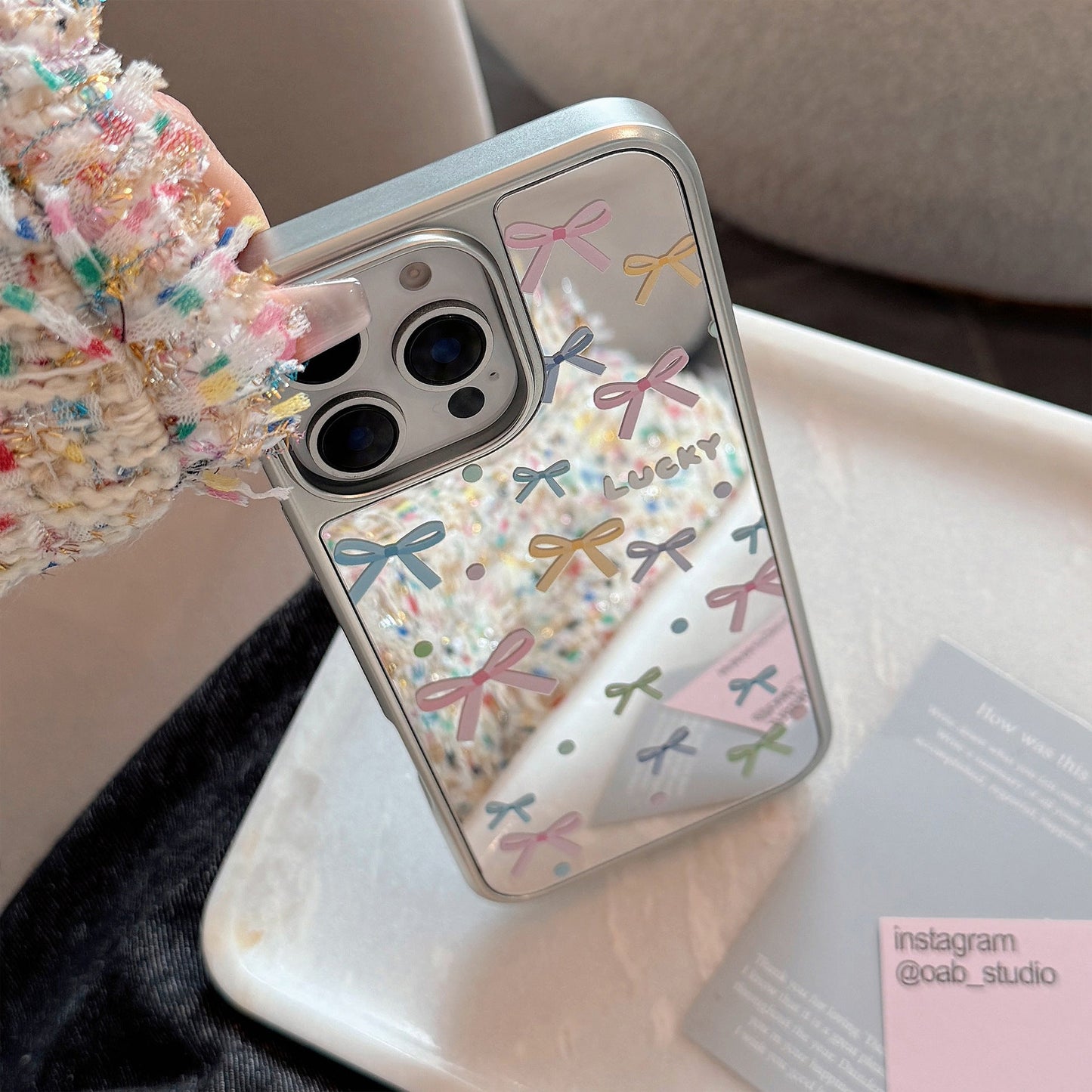 Korean color bow for 16 apple 15promax mobile phone case iphone17 mirror 13 plating 15 hard