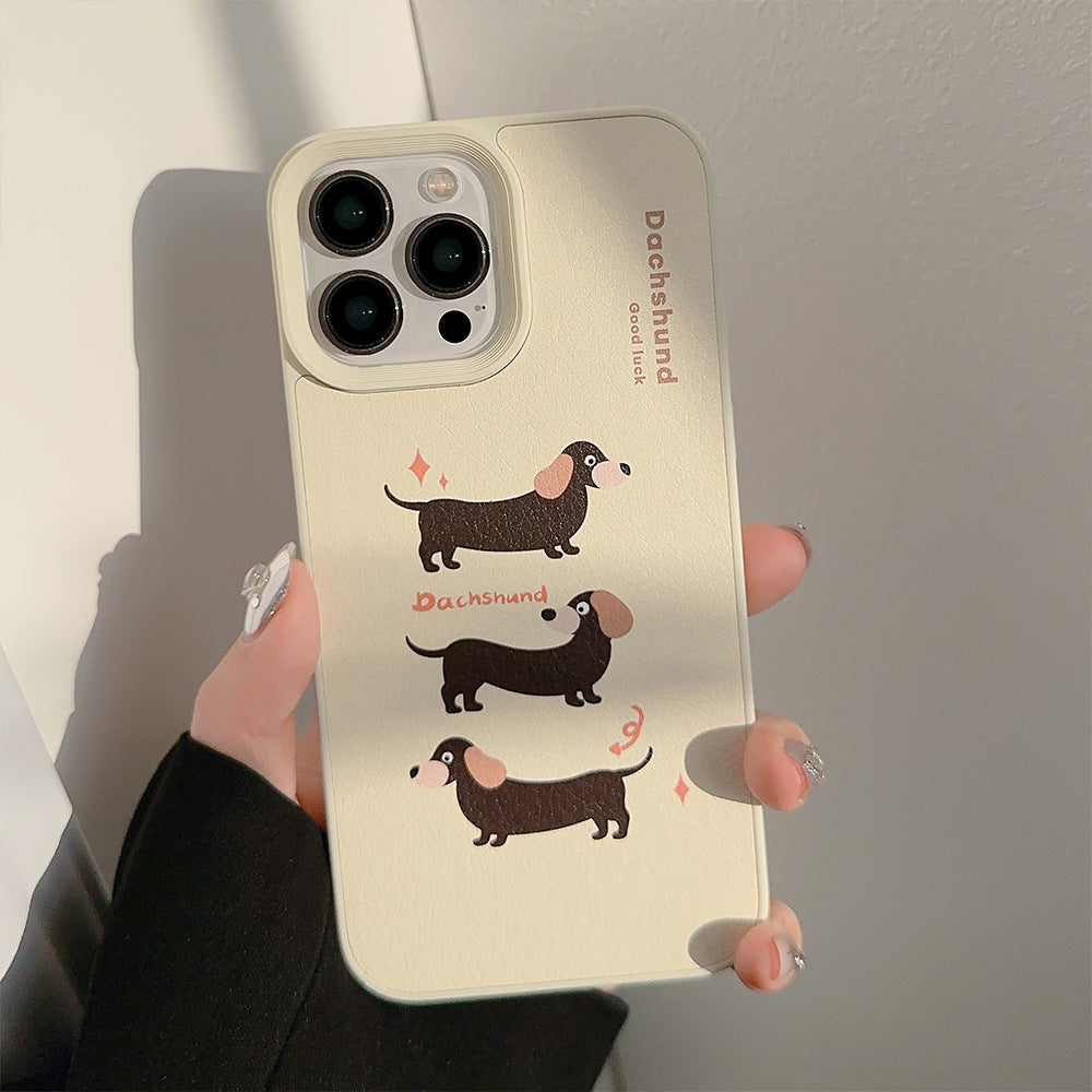 Milk yellow dachshund dog leather Apple 16 mobile phone case is suitable for iPhone17promax niche 11 generation 13 anti-drop