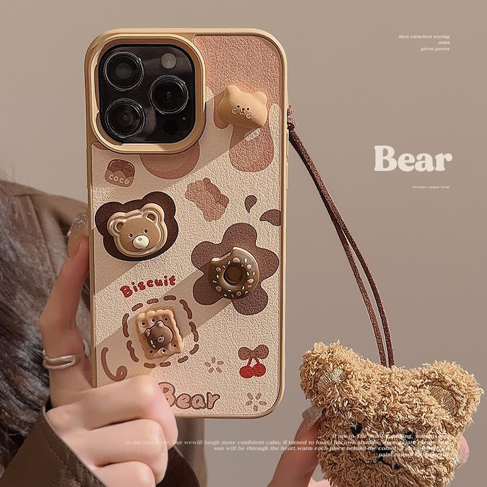 Three-dimensional biscuit bear apple 16 mobile phone case 17promax leather 13 for iPhone15 cute lanyard 12 hard