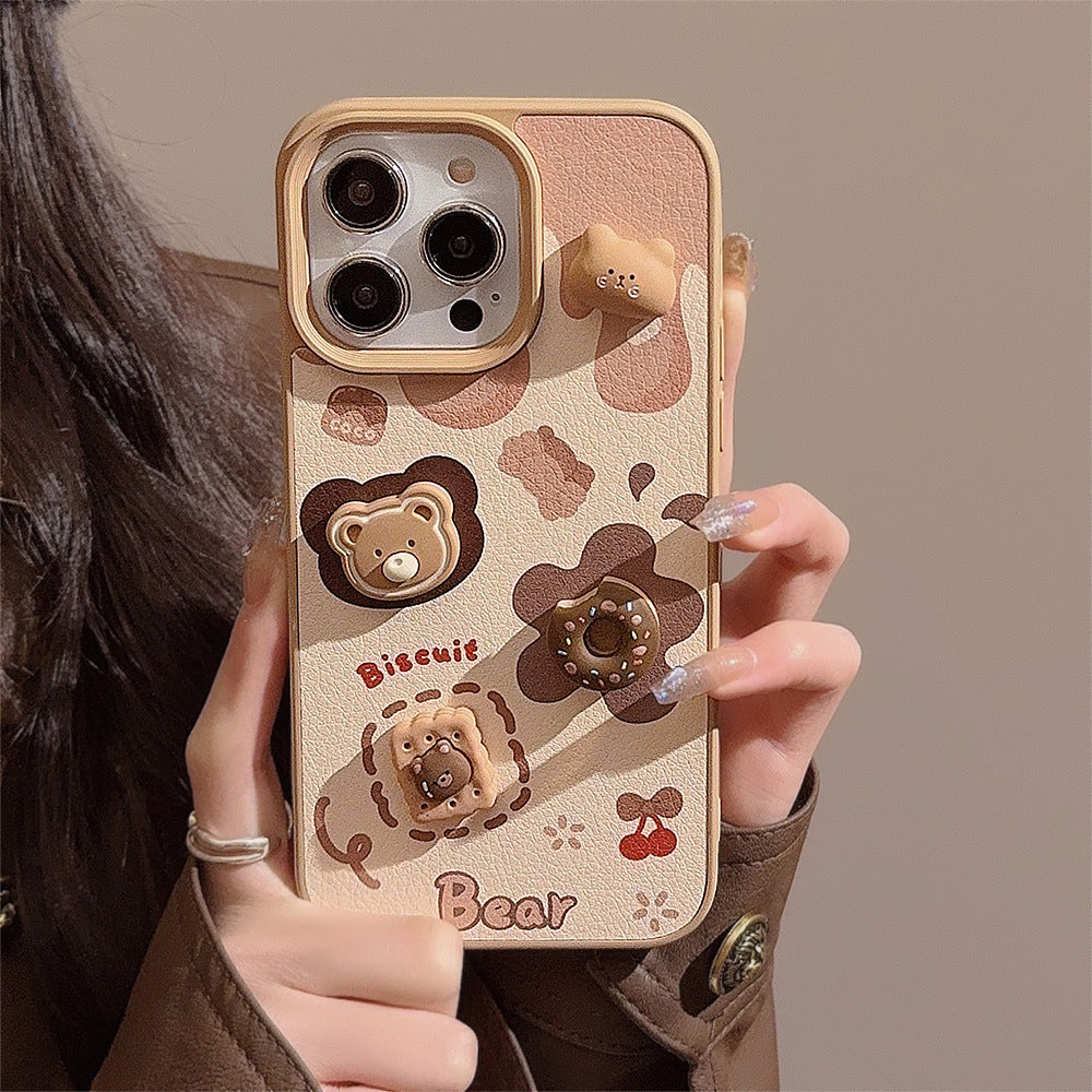 Three-dimensional biscuit bear apple 16 mobile phone case 17promax leather 13 for iPhone15 cute lanyard 12 hard