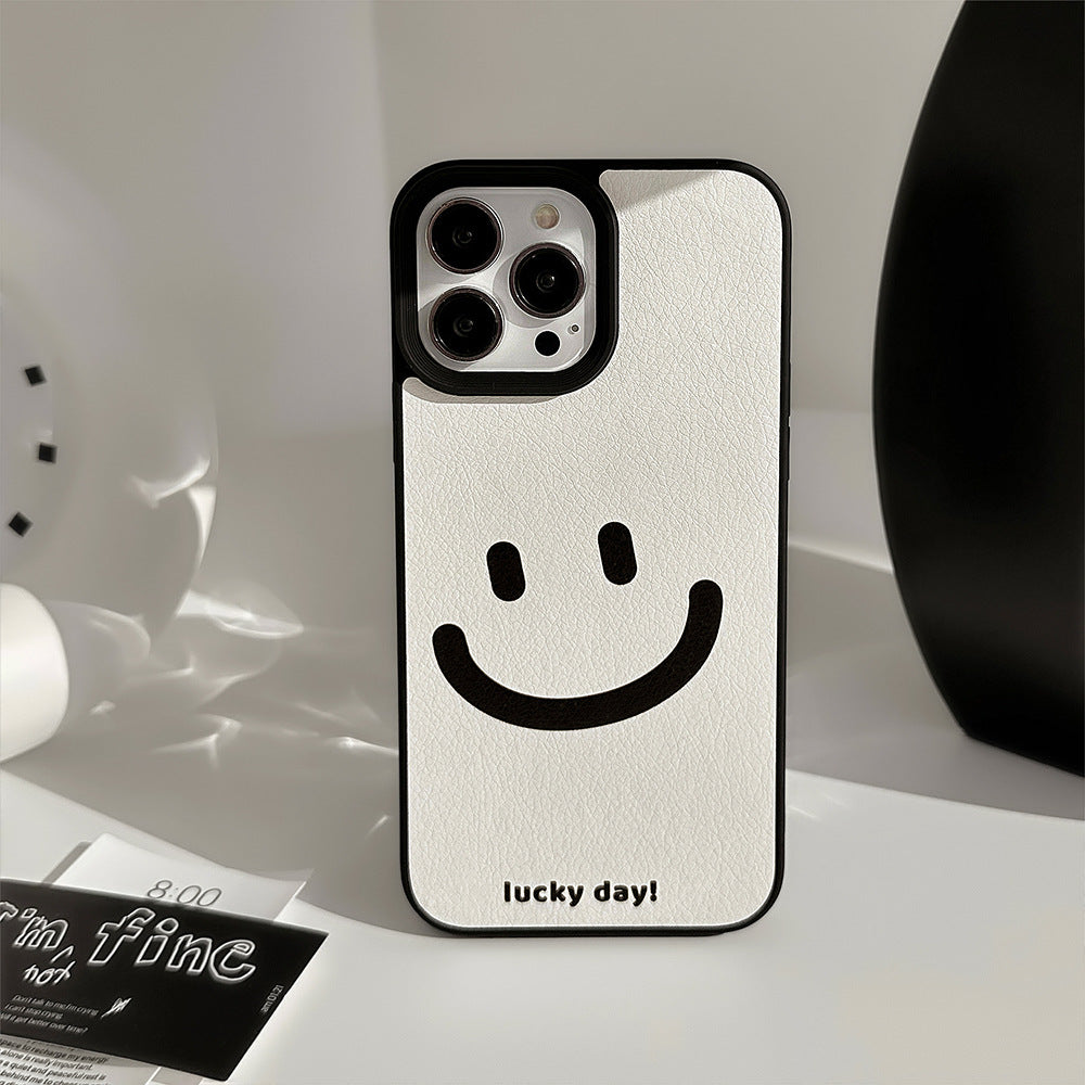 Minimal cure smiley face Apple phone case 17promax leather pattern 11 suitable for iPhone16 advanced sense 15 anti-drop