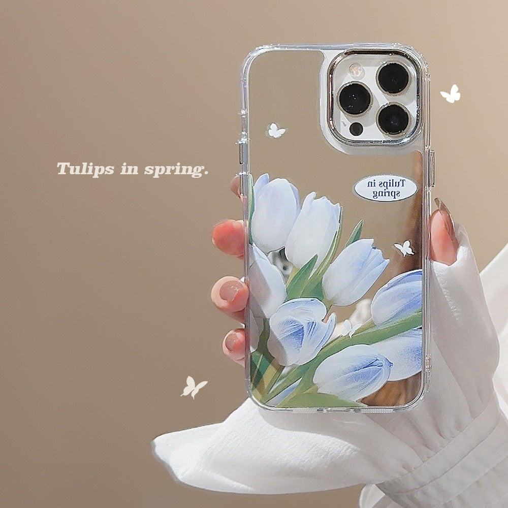 Temperament gentle blue tulip iphone16 for 17promax apple 15 mobile phone case flower makeup mirror 11 hard