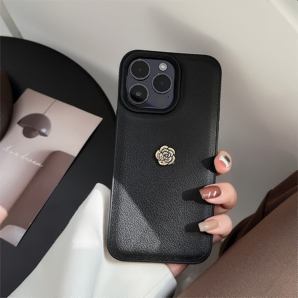 Light luxury camellia for Apple 16 mobile phone case iPhone17promax solid color lychee pattern 11 autumn and winter 13 hard