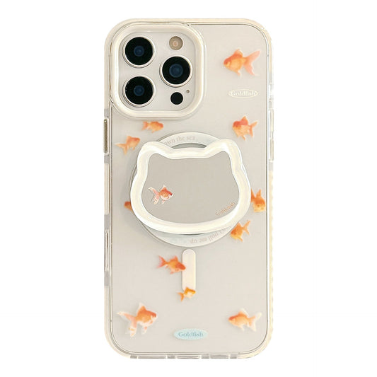 Mirror cat magnetic suction bracket 16promax transparent iPhone17 mobile phone case suitable for 13 small goldfish 14 national style