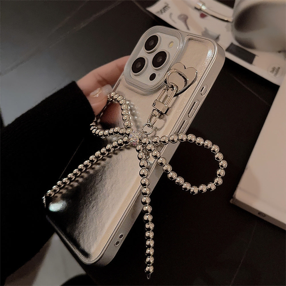 Silver leather for Apple 16 mobile phone case iPhone17promax electroplated bow pendant 11 temperament 13