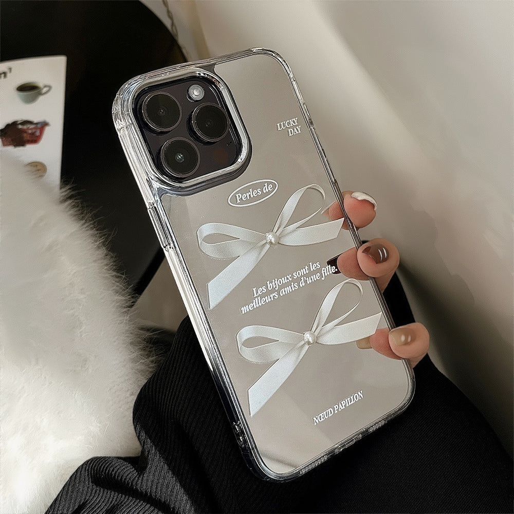 Mirror surface is suitable for Apple 16Pro mobile phone case max three-dimensional pearl bow iphone15 temperament 13 anti-drop 17