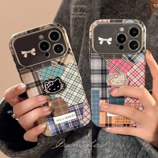 Retro plaid splicing cat 14 na 15 pro max etui na telefon komórkowy Apple iphone 16 trójwymiarowy 17 skórzany 13