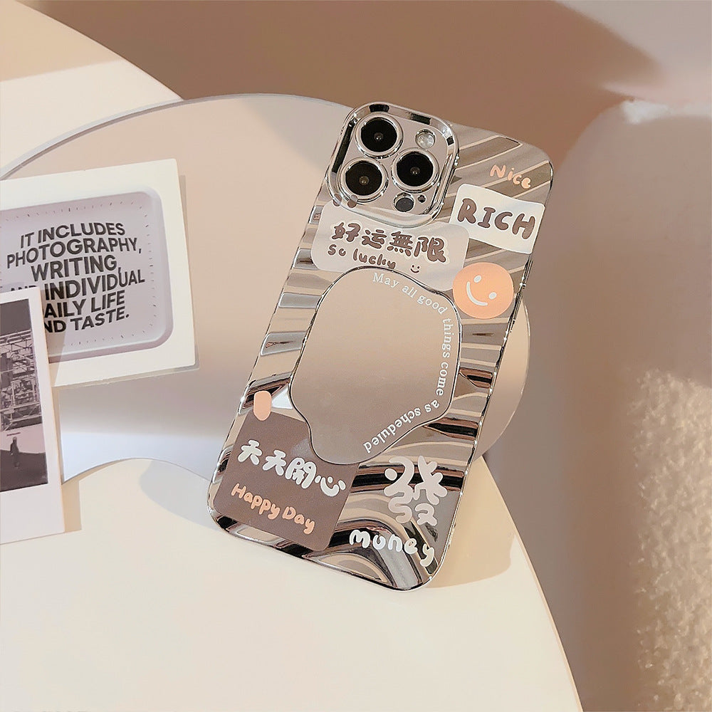 Make a fortune and good luck text applicable iPhone17pro mobile phone case max Apple 14 electroplated mirror 13 generation hair 16 hard