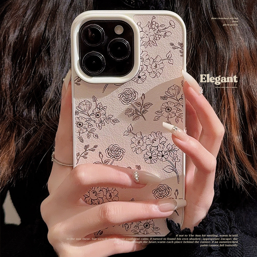 Literary lines rose iPhone16 mobile phone case Apple 15 leather 11 suitable for 13 anti-drop 17promax big brands