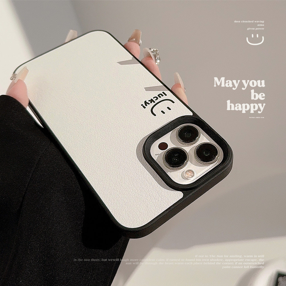 ins smiley face Apple mobile phone case 17pro max lambskin 11 is suitable for iPhone16, simple personality 15 anti-drop.