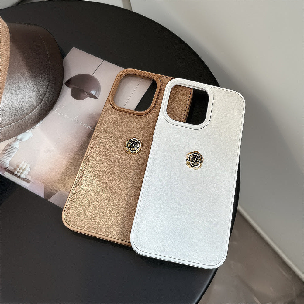 Light luxury camellia for Apple 16 mobile phone case iPhone17promax solid color lychee pattern 11 autumn and winter 13 hard