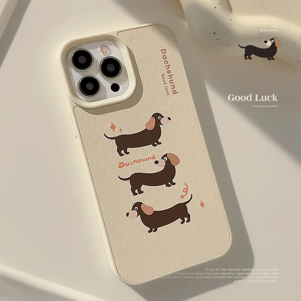 Milk yellow dachshund dog leather Apple 16 mobile phone case is suitable for iPhone17promax niche 11 generation 13 anti-drop