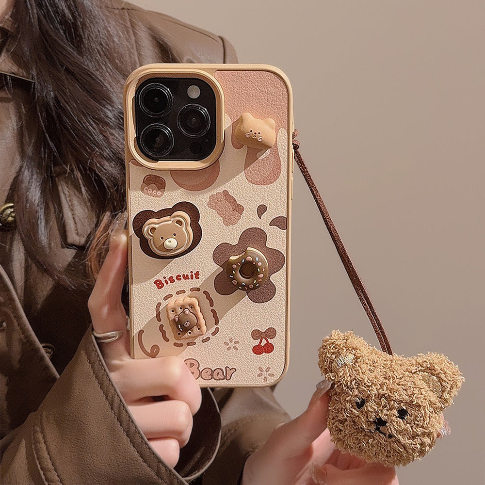 Three-dimensional biscuit bear apple 16 mobile phone case 17promax leather 13 for iPhone15 cute lanyard 12 hard