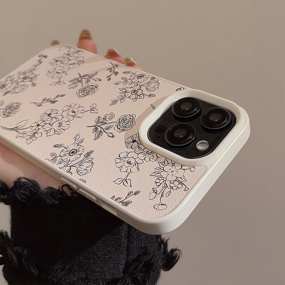 Literary lines rose iPhone16 mobile phone case Apple 15 leather 11 suitable for 13 anti-drop 17promax big brands