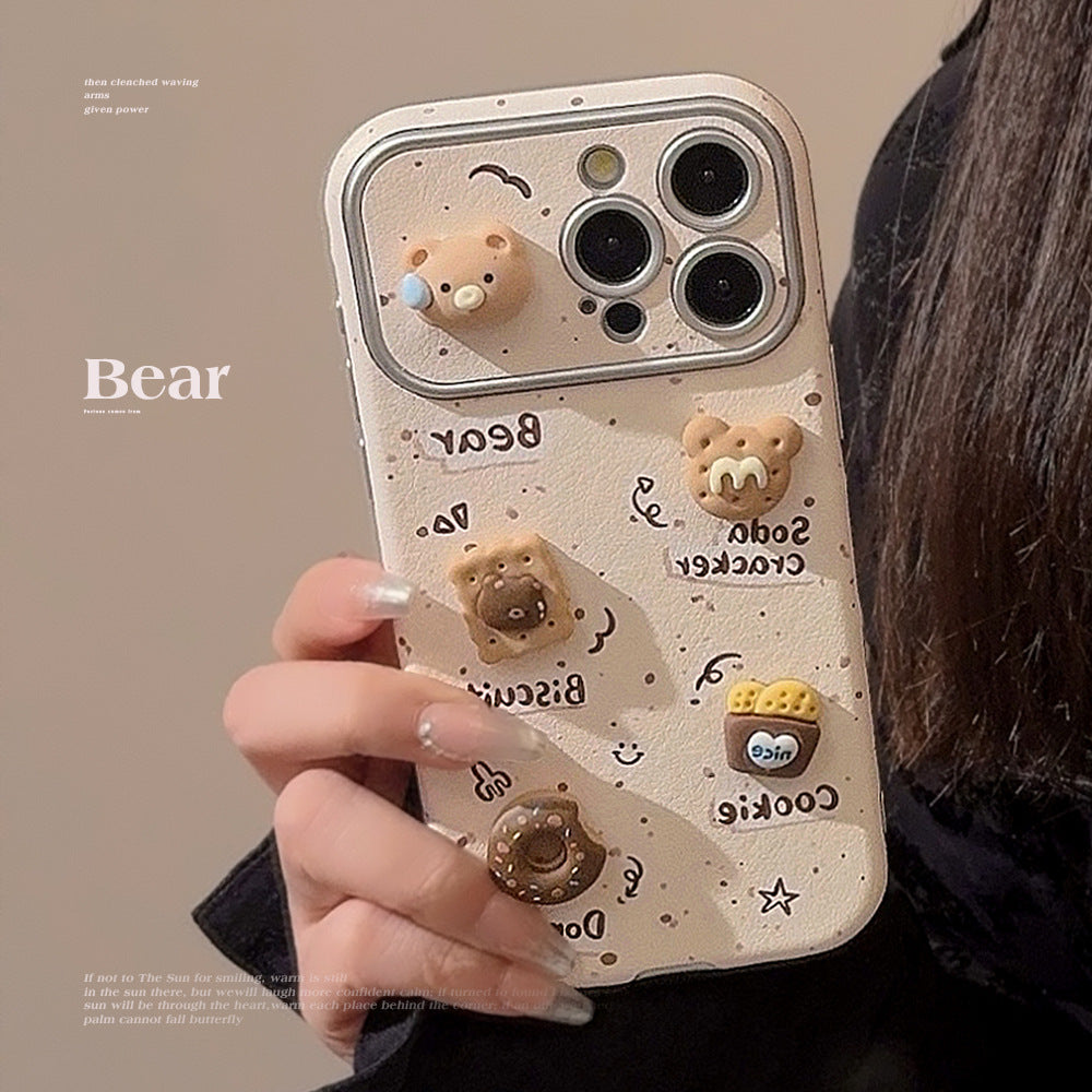 Cute three-dimensional bear applies to 16 Apple 17ProMax mobile phone case iphone15 leather 12 cookies 14