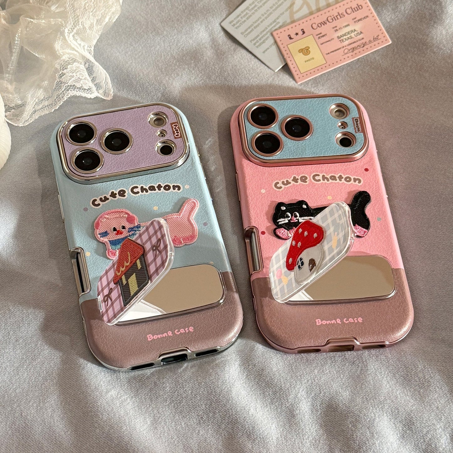 Embroidery cat puppy iphone17promax apple 16 mobile phone case 15 for 13 colored leather 11 mirror