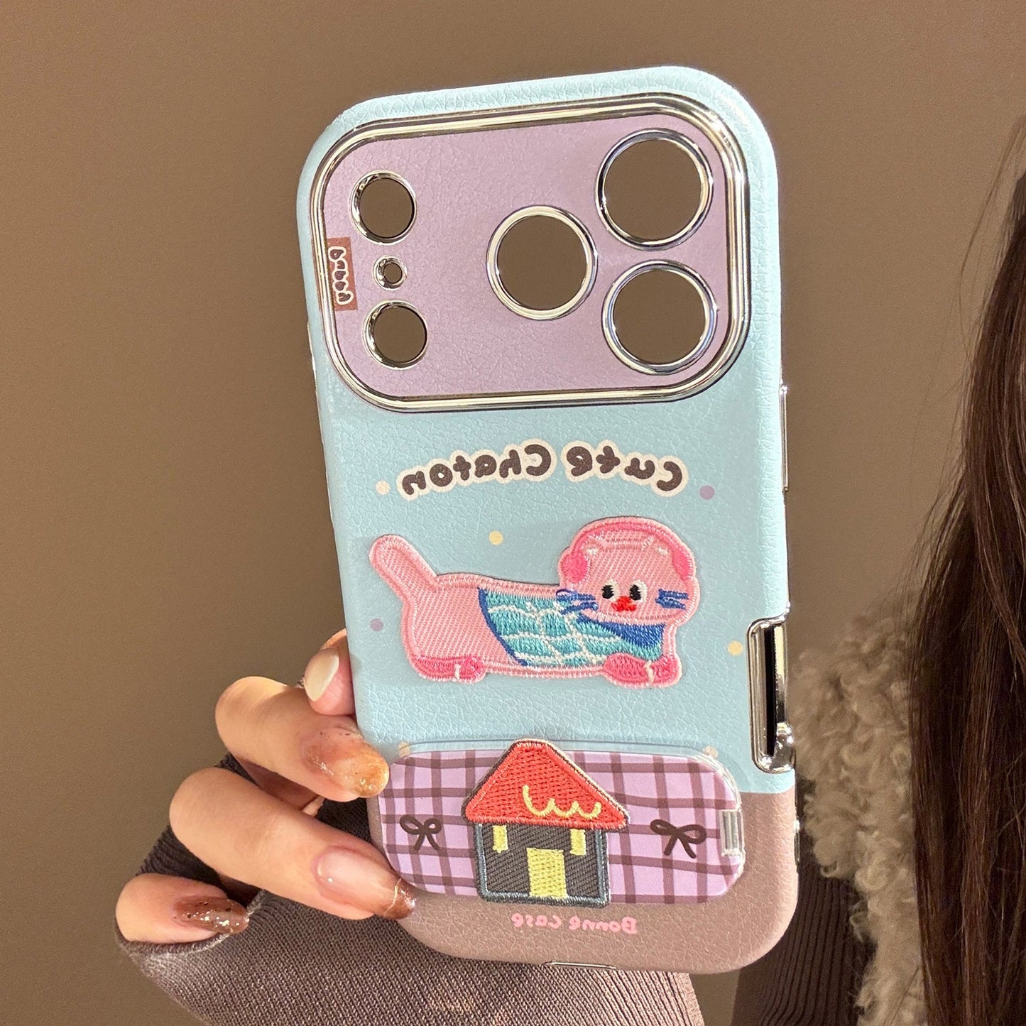 Embroidery cat puppy iphone17promax apple 16 mobile phone case 15 for 13 colored leather 11 mirror