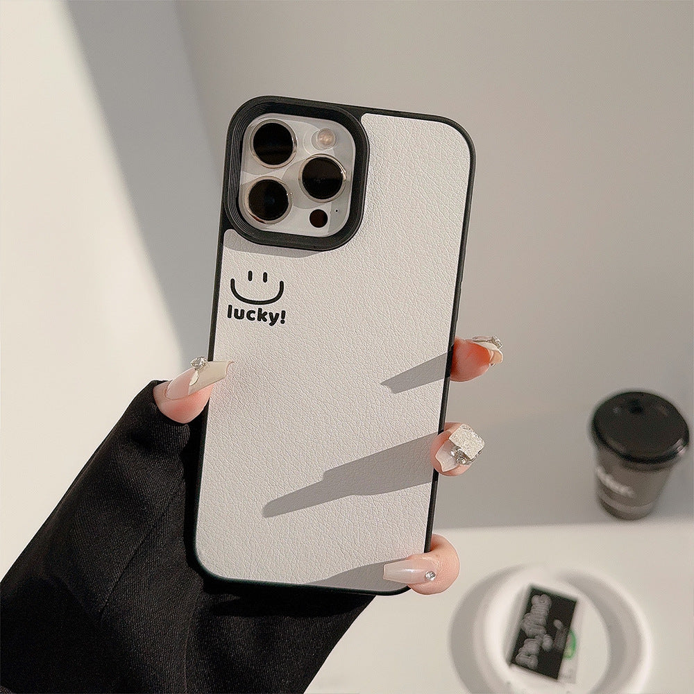 ins smiley face Apple mobile phone case 17pro max lambskin 11 is suitable for iPhone16, simple personality 15 anti-drop.