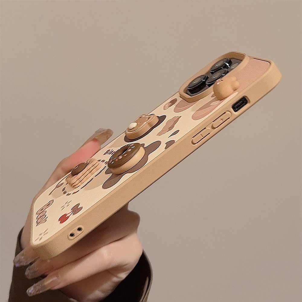 Three-dimensional biscuit bear apple 16 mobile phone case 17promax leather 13 for iPhone15 cute lanyard 12 hard