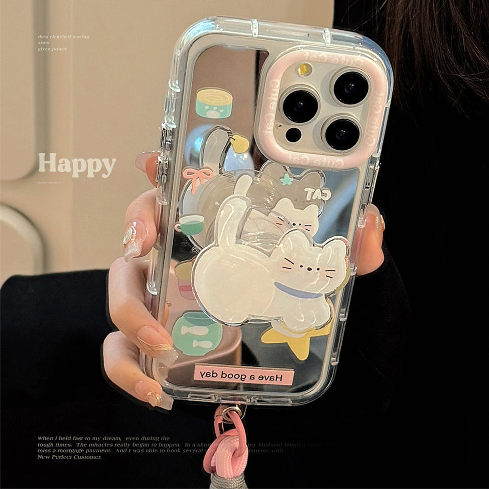 Foodie cat holder for 16ProMax Apple 15 mobile phone case iPhone17 hand strap 12 cute 11 mirror
