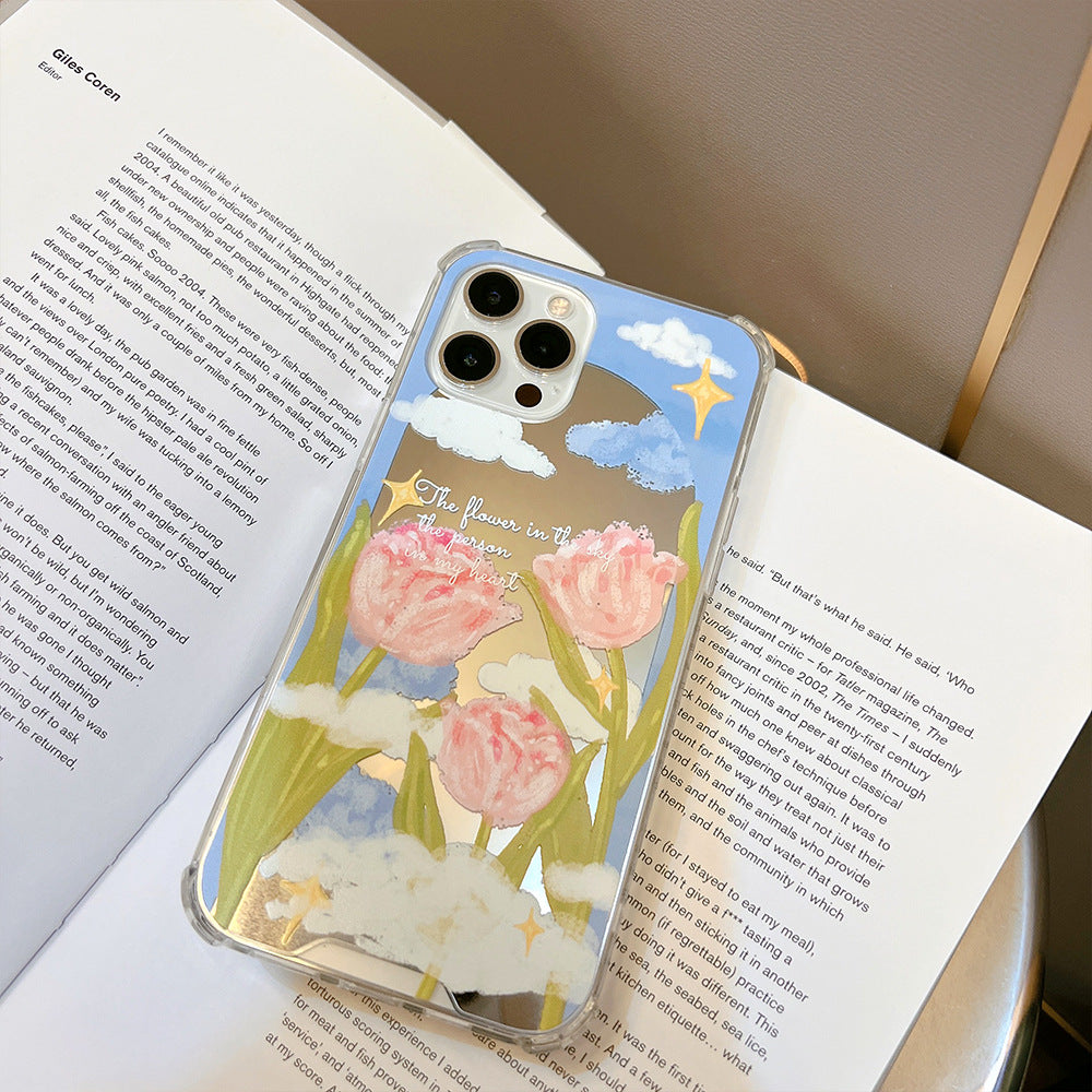 ins Literary Tulip iphone17 Apple 16 Mobile Phone Case 15Promax Silicone 11 Makeup Mirror X Applicable