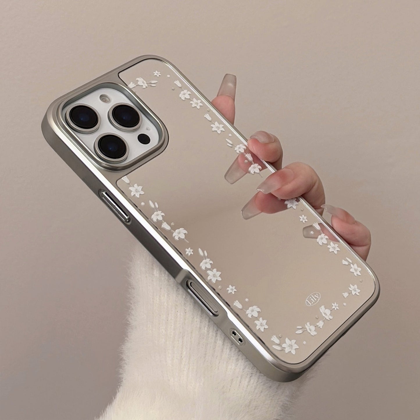 Electroplated silver edge for 16 apple 15promax mobile phone case iphone17 literary lily flower 13 mirror hard
