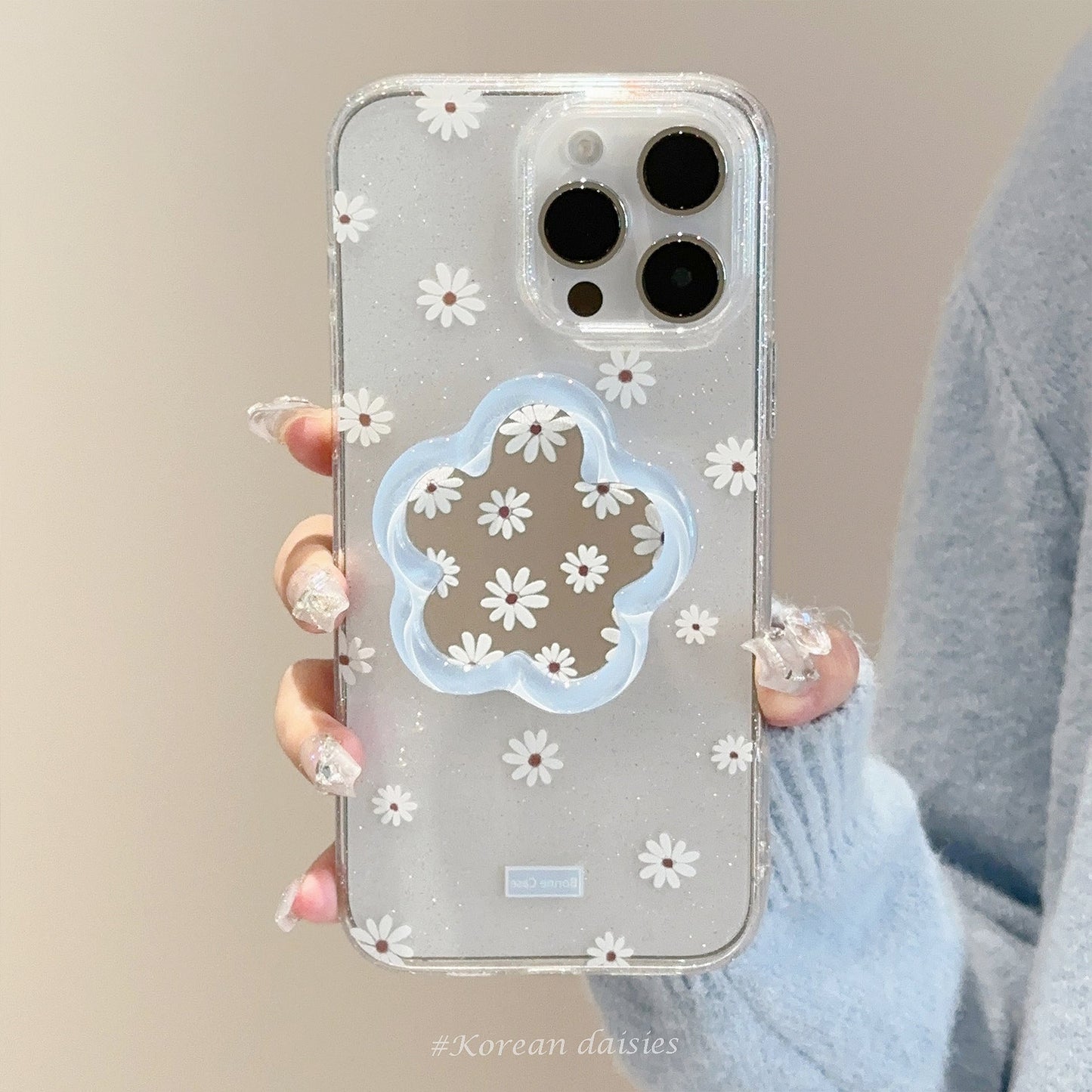 Flower mirror bracket Apple 16promax mobile phone case 17 for iphone15 glitter 13 small fresh blue