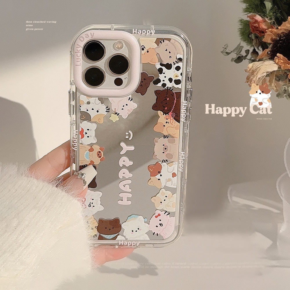 Mirror ins cute cat suitable for 16Pro Max Apple 15 mobile phone case iPhone17 Korean 12 lanyard 11