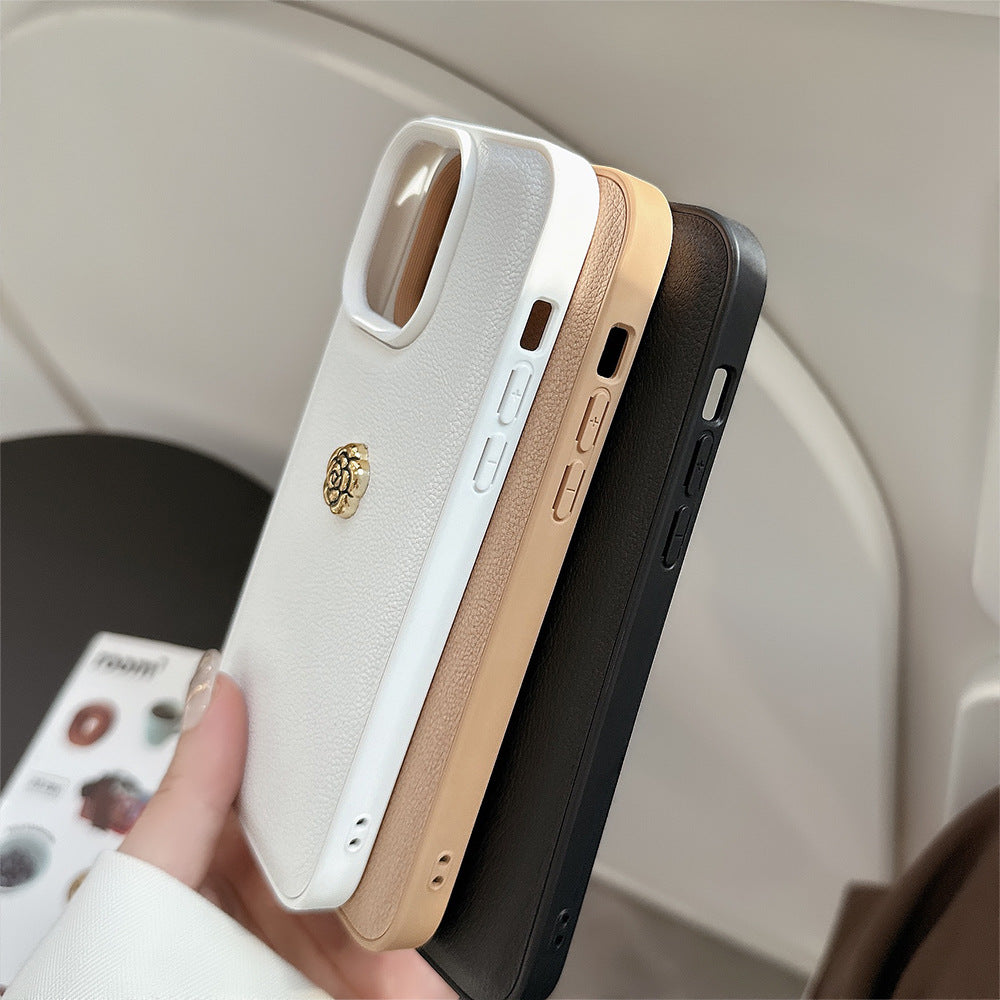 Light luxury camellia for Apple 16 mobile phone case iPhone17promax solid color lychee pattern 11 autumn and winter 13 hard