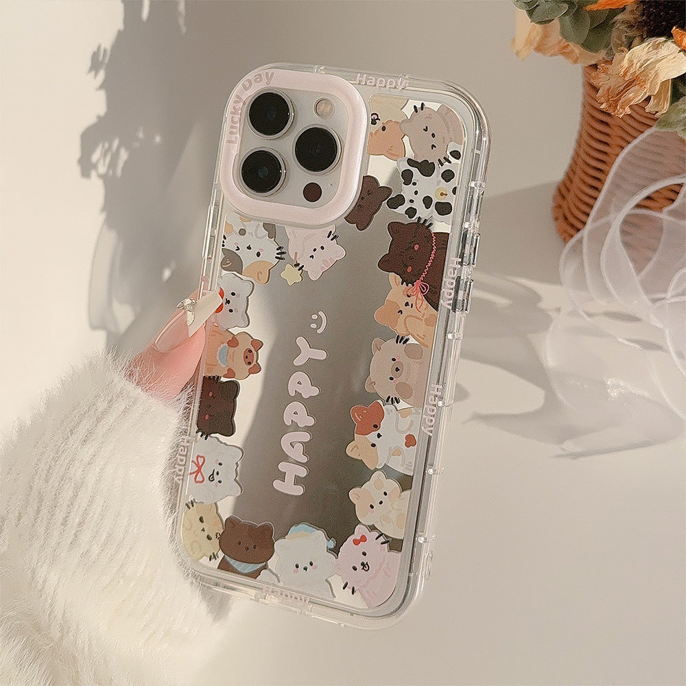 Mirror ins cute cat suitable for 16Pro Max Apple 15 mobile phone case iPhone17 Korean 12 lanyard 11