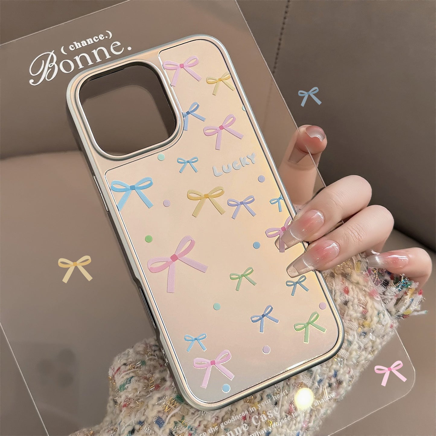 Korean color bow for 16 apple 15promax mobile phone case iphone17 mirror 13 plating 15 hard