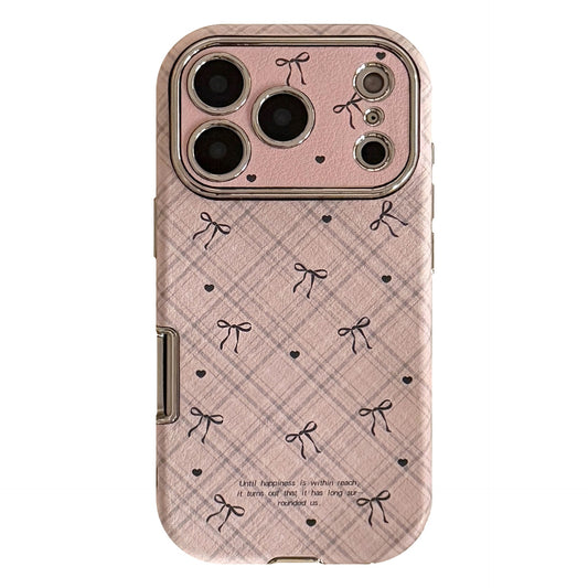 Applicable to Apple 17promax mobile phone case iphone16 leather plaid bow 15 retro 13 soft 12 all-inclusive