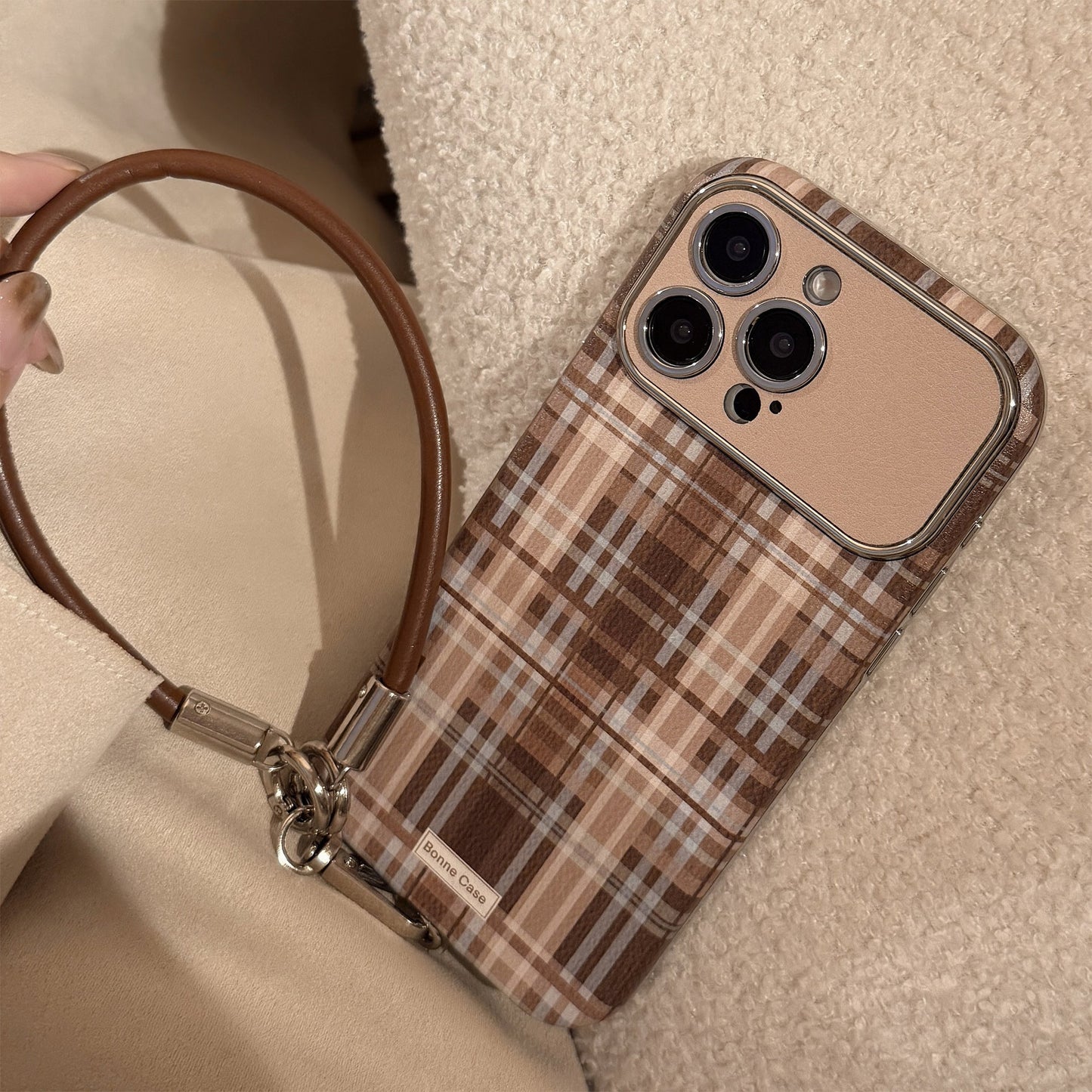 Brown plaid for iphone16promax mobile phone case Apple 15/14 anti-drop 13 lanyard 16 advanced 17