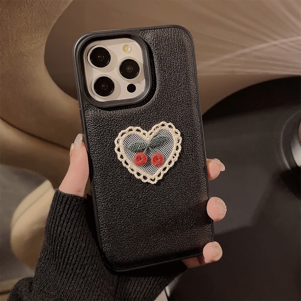 Embroidery love cherry for Apple 15 mobile phone case iPhone16promax leather 11 temperament 13 anti-drop 17