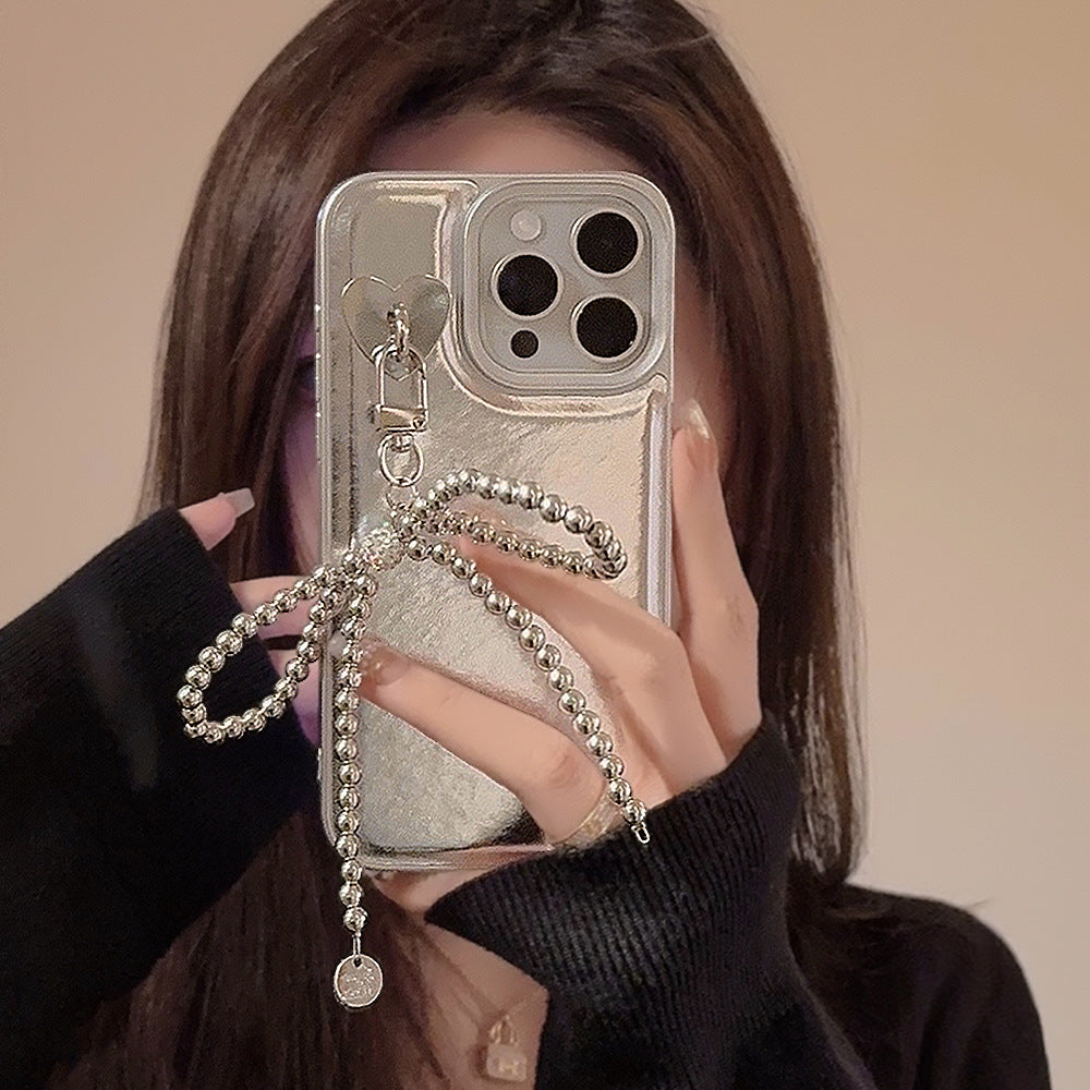 Silver leather for Apple 16 mobile phone case iPhone17promax electroplated bow pendant 11 temperament 13