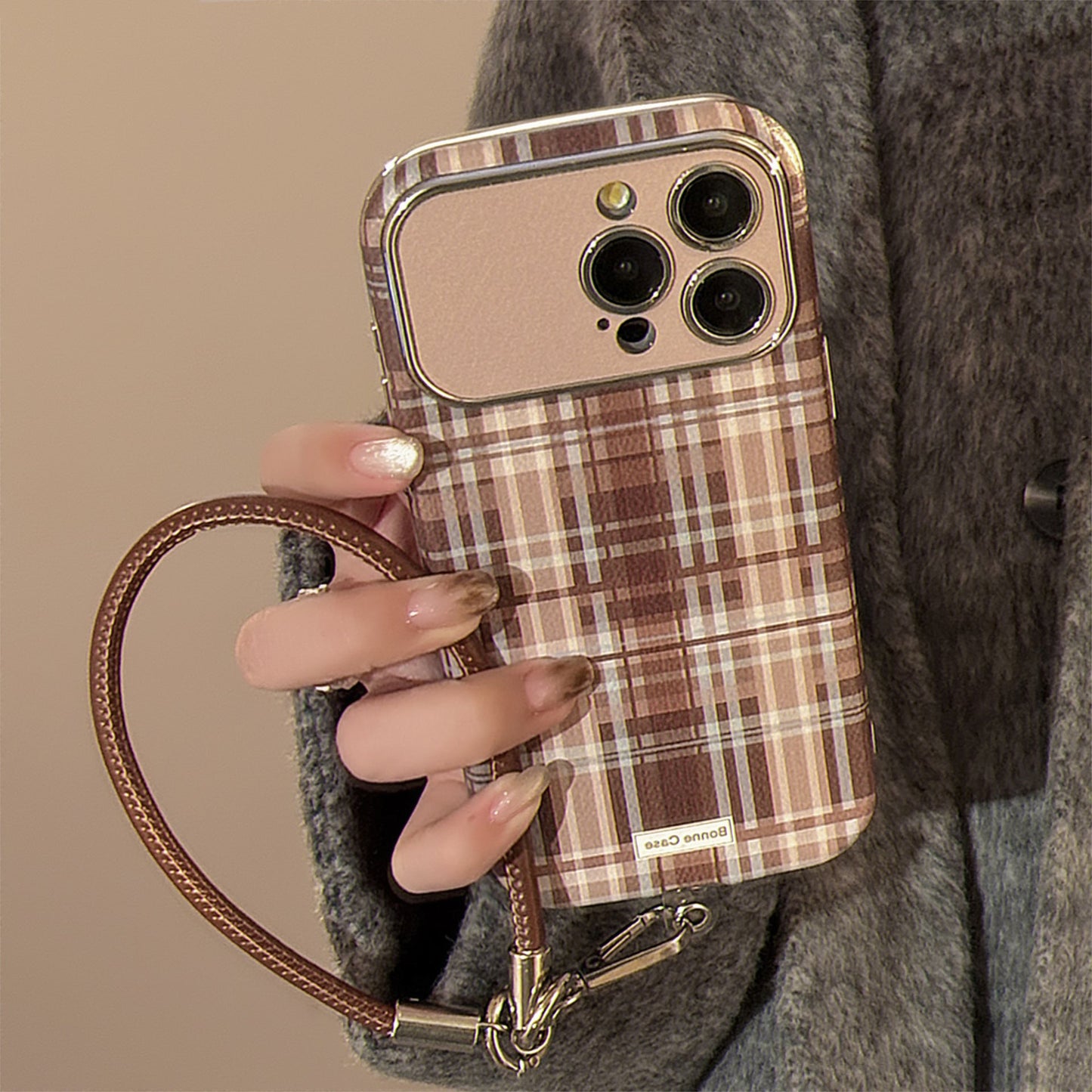 Brown plaid for iphone16promax mobile phone case Apple 15/14 anti-drop 13 lanyard 16 advanced 17