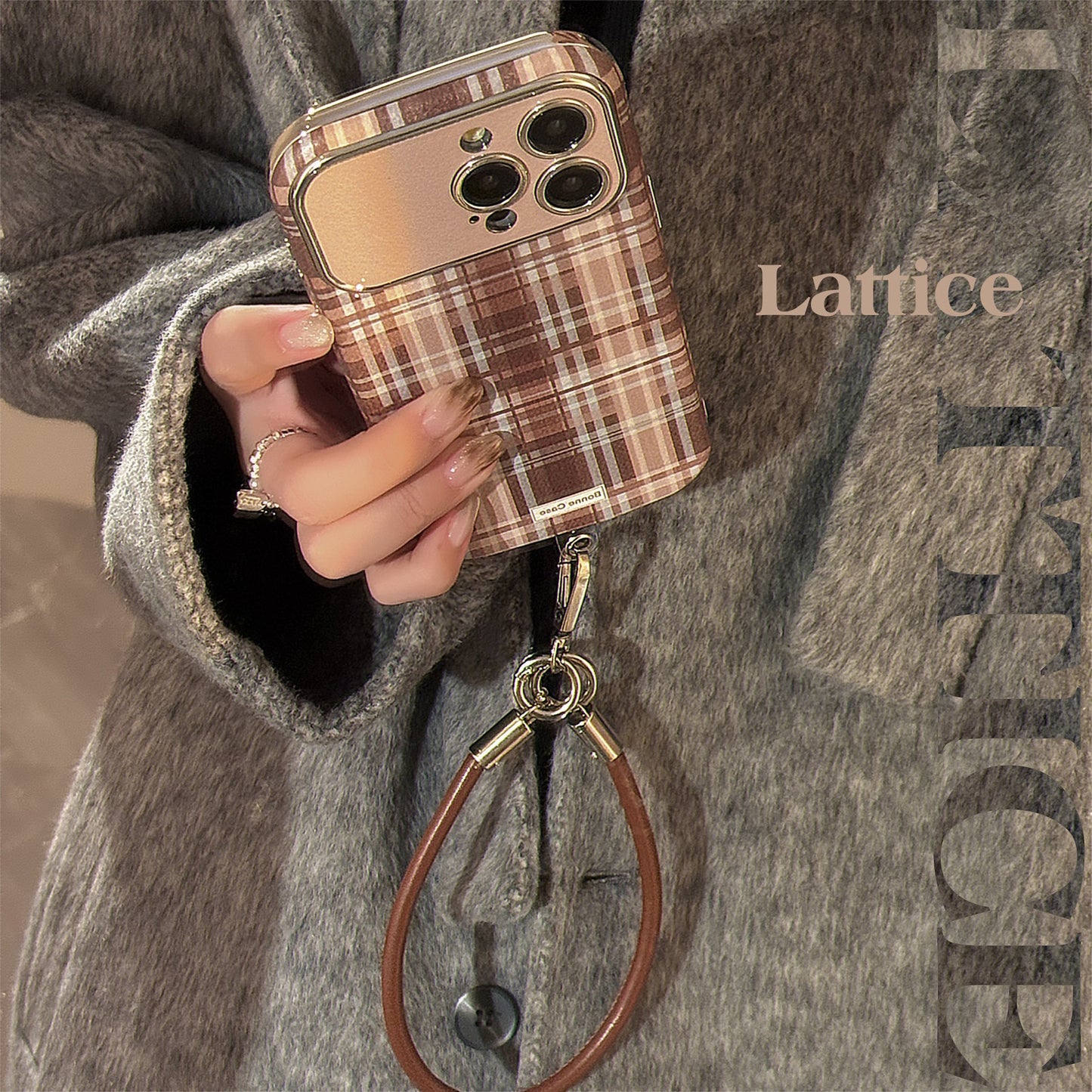 Brown plaid for iphone16promax mobile phone case Apple 15/14 anti-drop 13 lanyard 16 advanced 17