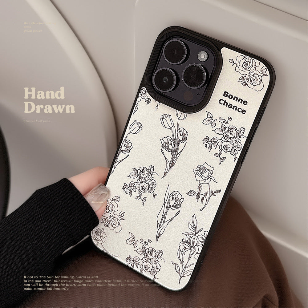 Lambskin Apple 15 mobile phone case 17promax Camellia Rose 11 for iPhone16 Art Premium 12