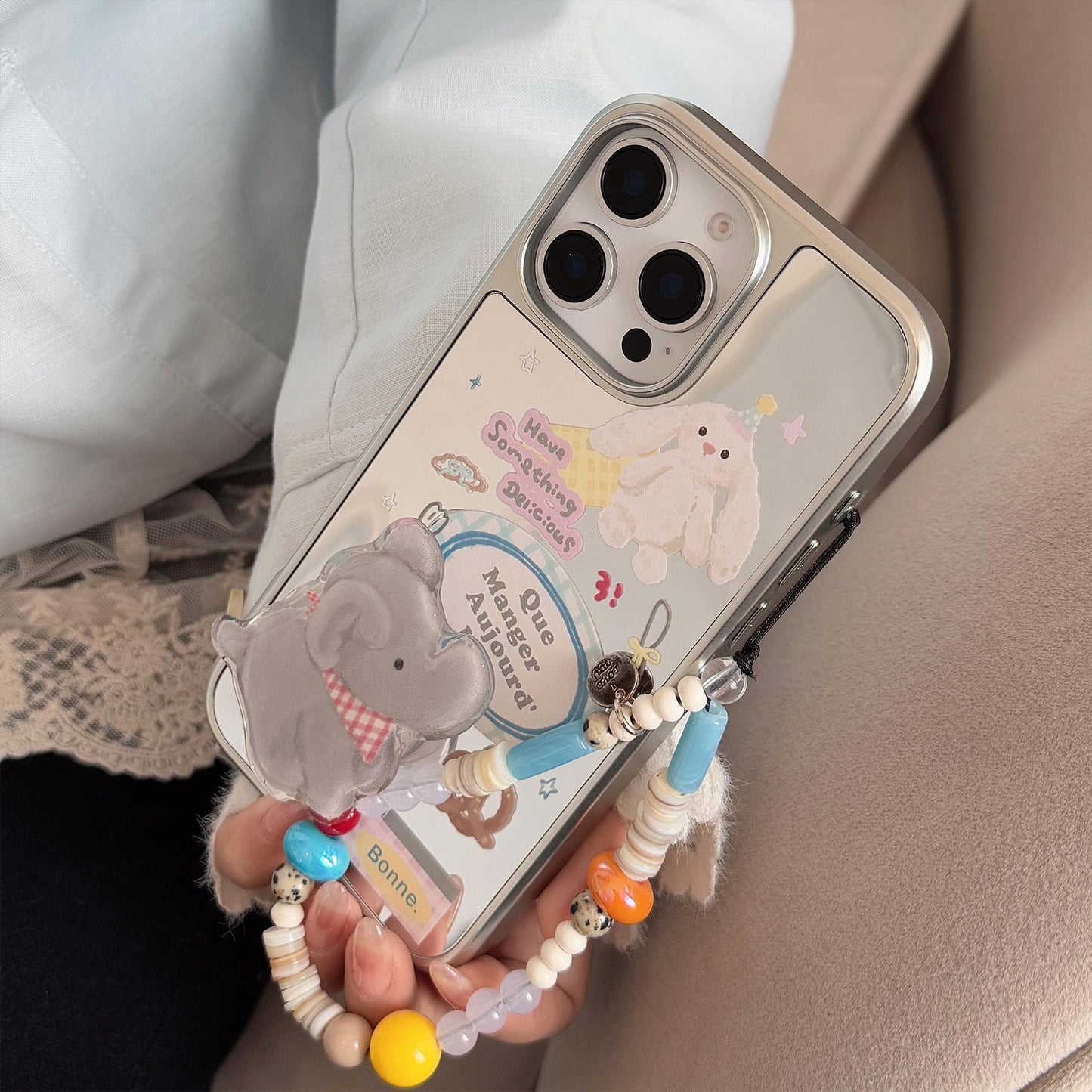 Mirror ins elephant bracket for 16pro max mobile phone case iphone17 apple 15 rope 13 children's fun cartoon